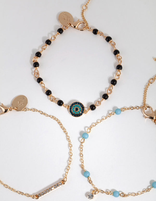 Gold Blue & Black Beaded Bracelet Pack