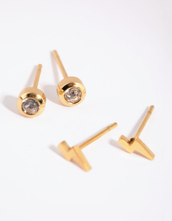 Gold Plated Surgical Steel Lightning Bolt Stud Earring Set
