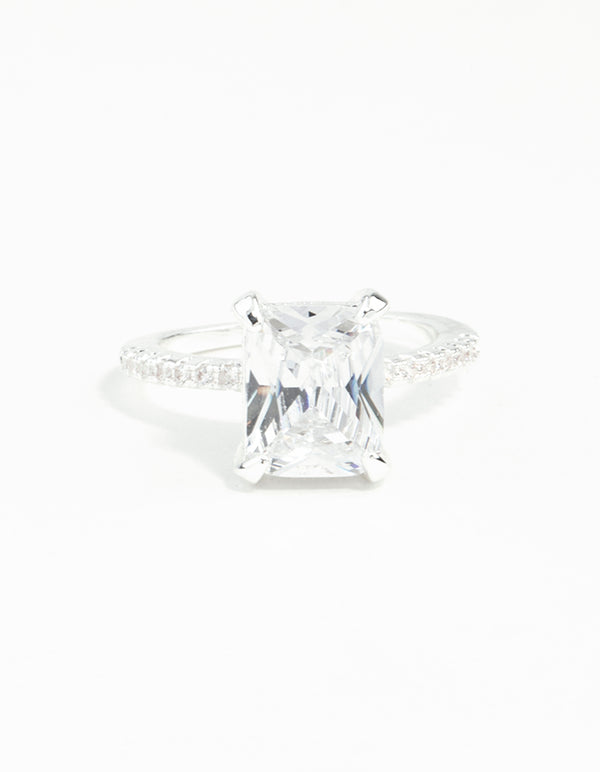 Silver Emerald Cut Cubic Zirconia Diamante Band Ring