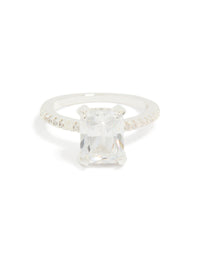 Silver Emerald Cut Cubic Zirconia Diamante Band Ring - link has visual effect only