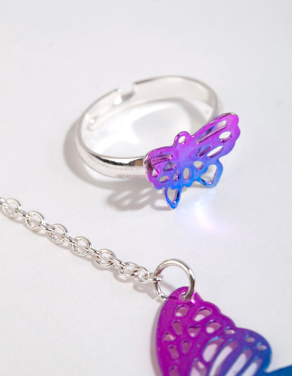 Kids Silver Butterfly Stamp Necklace & Ring Set