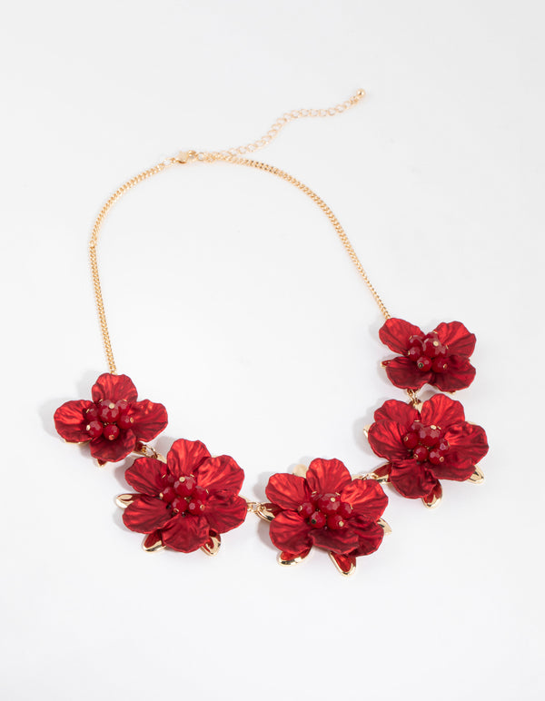 Gold & Red Pearlised Flower Necklace