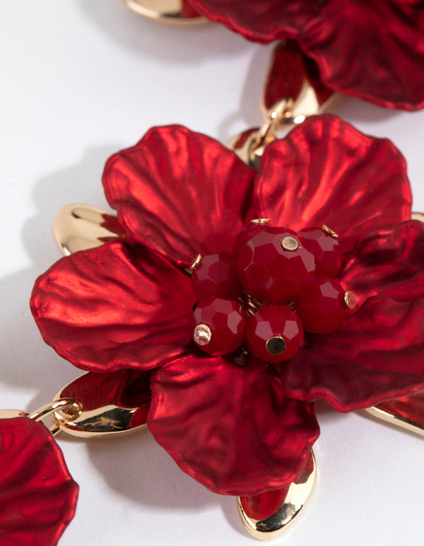 Gold & Red Pearlised Flower Necklace