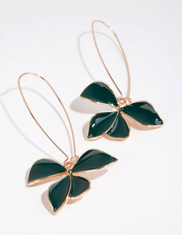 Gold and Green Enamel Flower Fish Hook Earrings