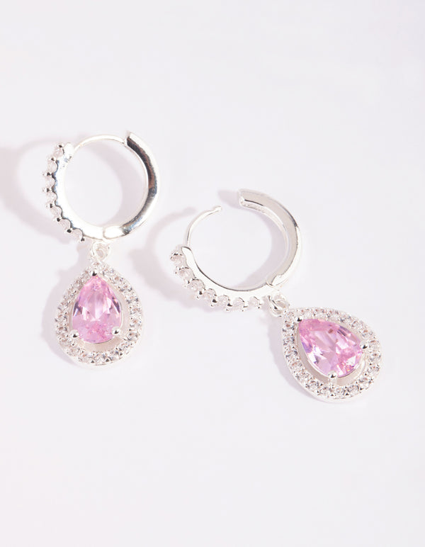 Silver & Pink Cubic Zirconia Huggie Earrings