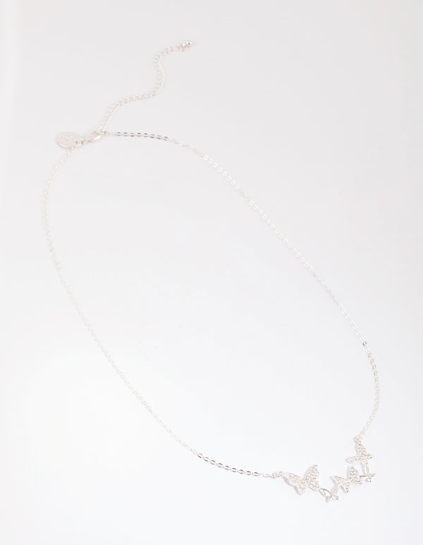 Silver Cubic Zirconia Multi Butterfly Necklace