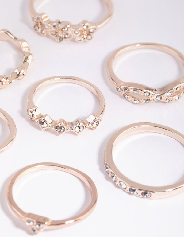 Rose Gold Bow & Flower Diamante Ring Pack