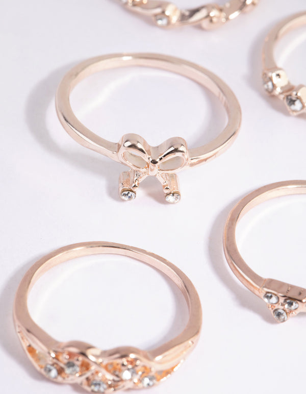 Rose Gold Bow & Flower Diamante Ring Pack
