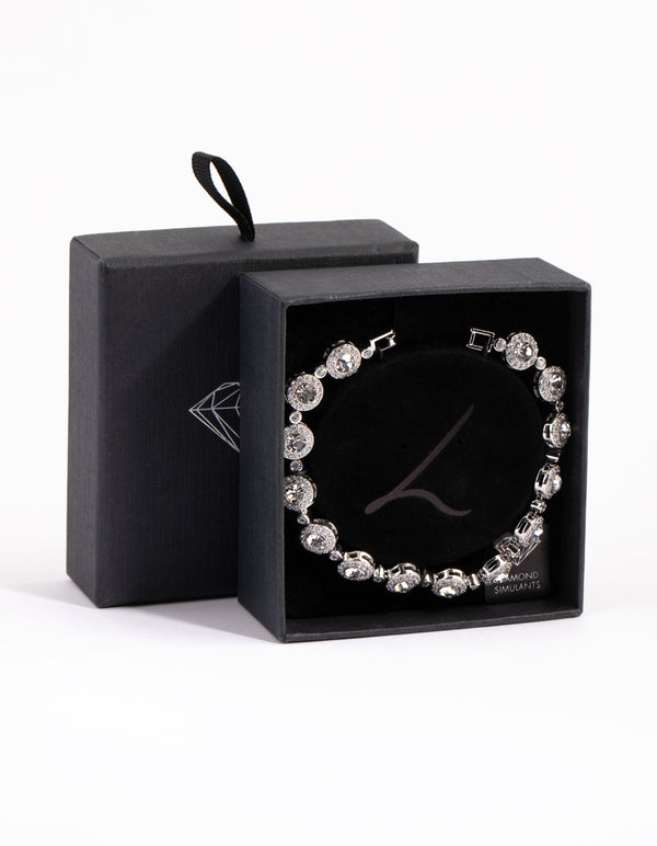 Silver Diamond Simulant Halo Station Bracelet