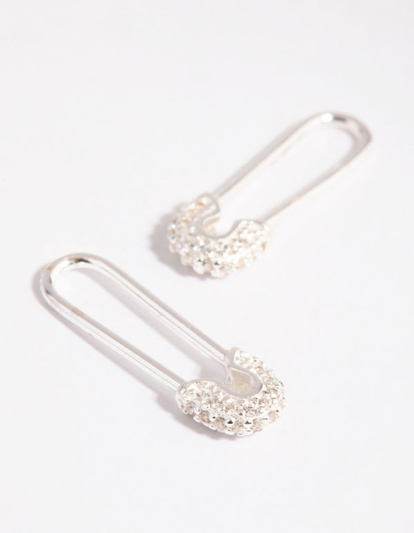 Sterling Silver Pave Safety Pin Earrings
