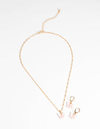 Gold & Pink Butterfly Necklace & Earring Set - link has visual effect only