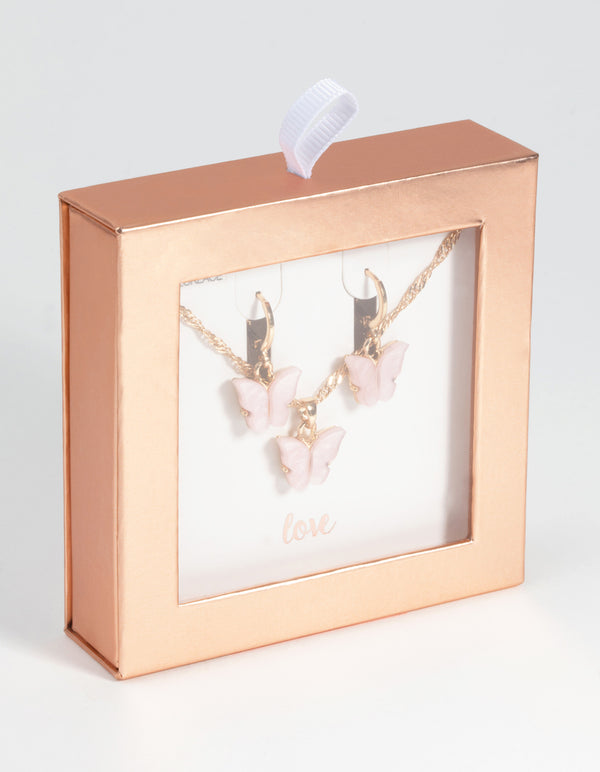 Gold & Pink Butterfly Necklace & Earring Set