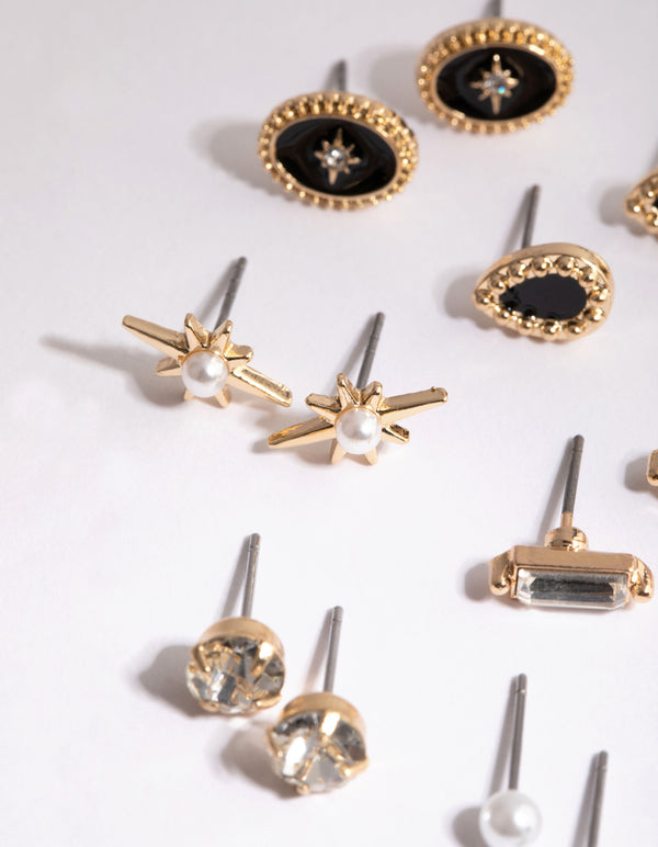 Gold Celestial Diamante & Pearl Stud Earring 8-Pack