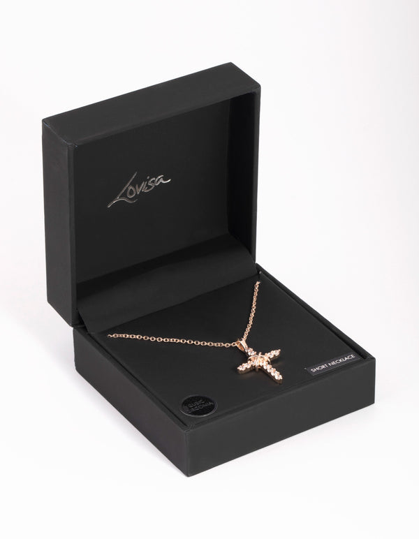 Rose Gold Cross & Diamante Necklace