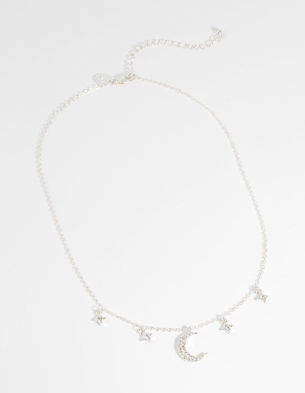 Silver Star & Moon Diamante Necklace