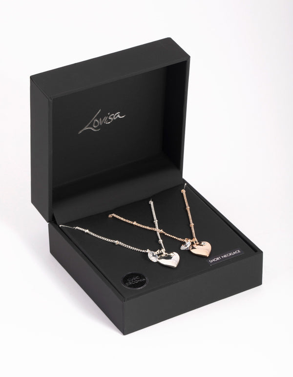 Mixed Metal Heart Diamante Necklace