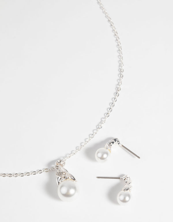 Silver Pearl Necklace & Earring Set