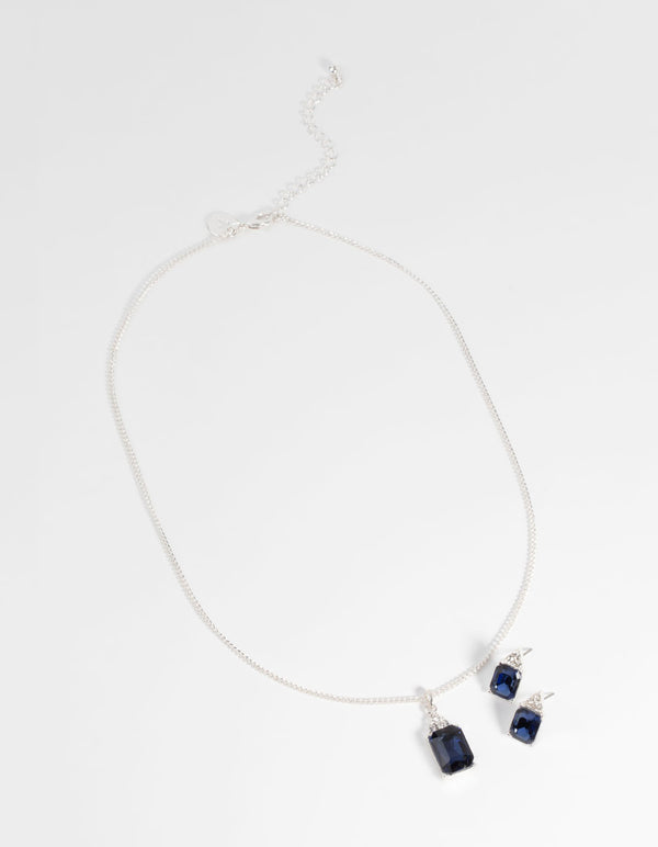 Silver Rectangular Diamante Necklace & Earring Set