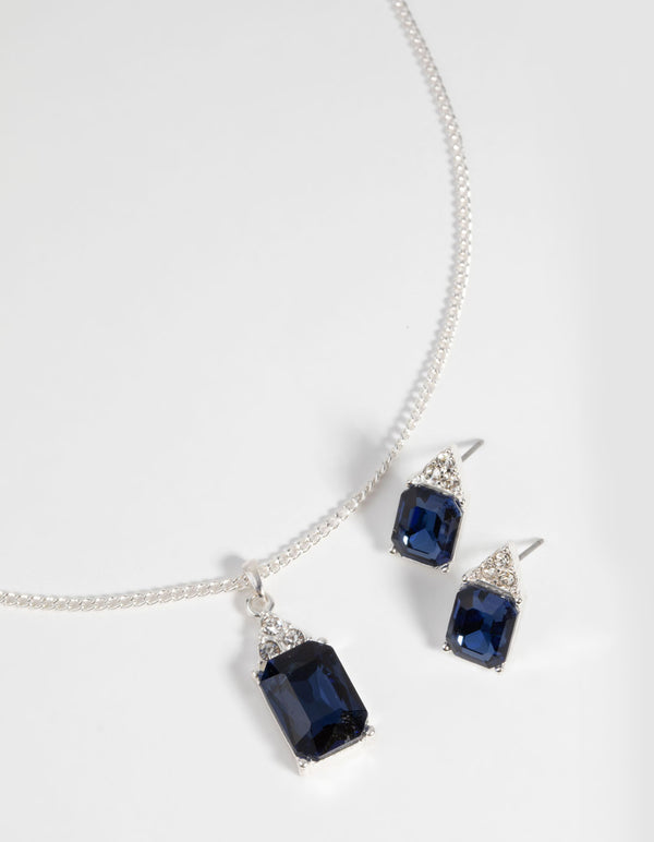 Silver Rectangular Diamante Necklace & Earring Set
