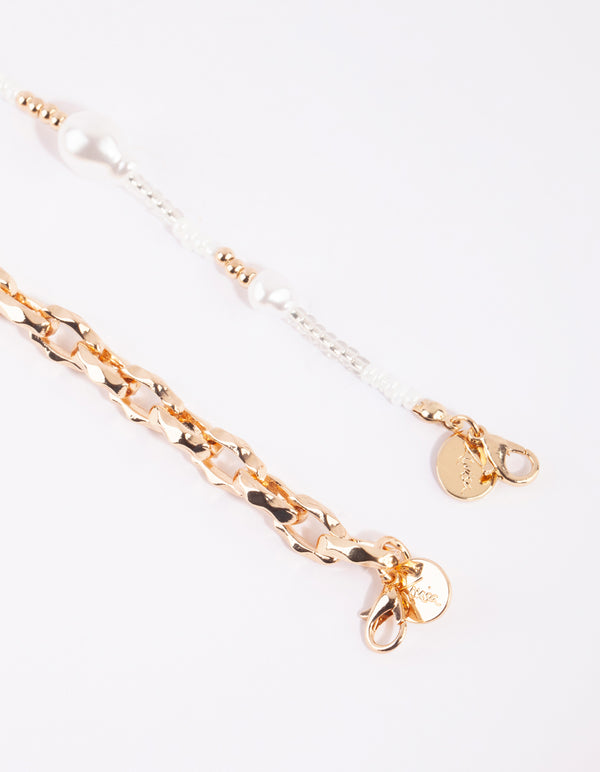 Gold & White Pearl Chain Fob Necklace