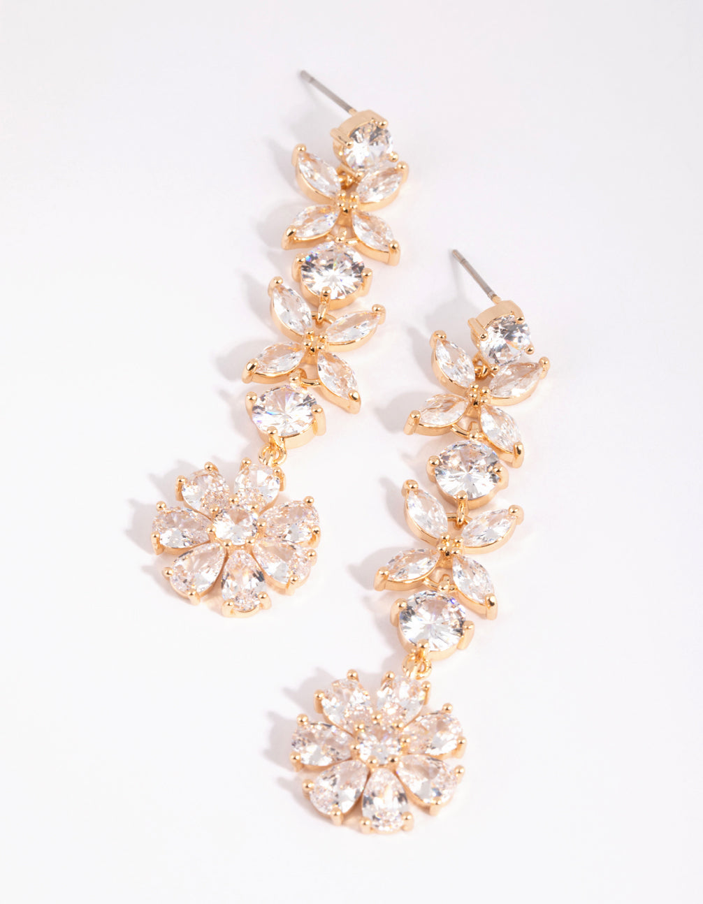 Gold Diamond Simulant Flower Drop Earrings