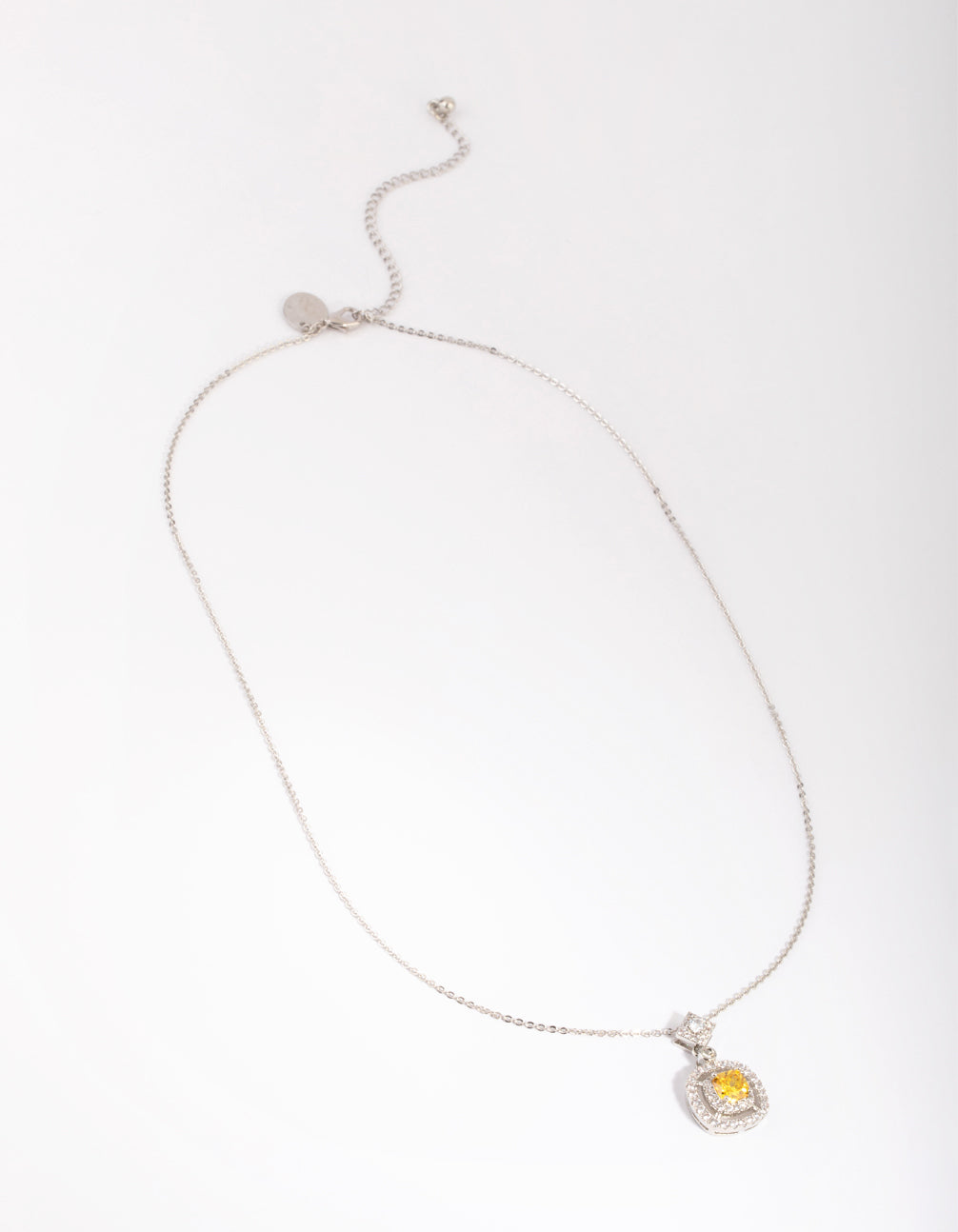 Silver Yellow Diamond Simulant Square Pendant Necklace
