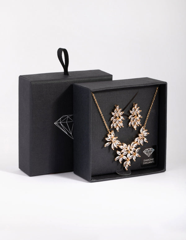 Gold Diamond Simulant Navette Flower Necklace & Earring Set