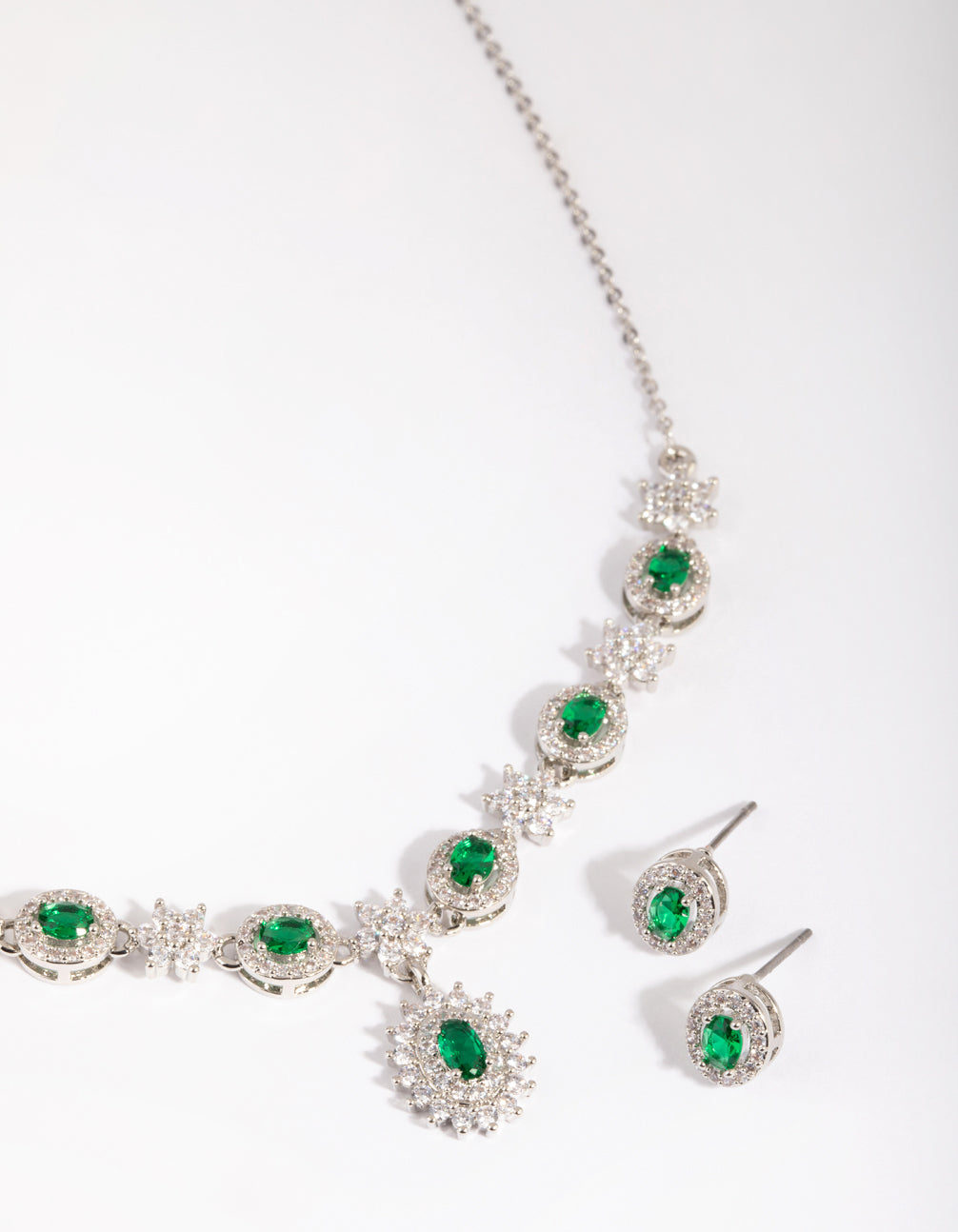 Silver Emerald Diamond Simulant Necklace & Earring Set
