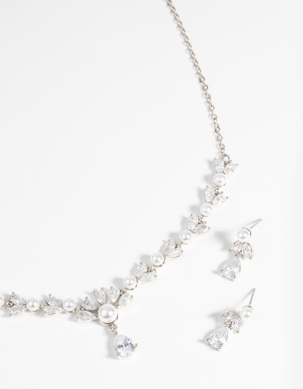 Rhodium Diamond Simulant Teardrop Necklace & Earrings