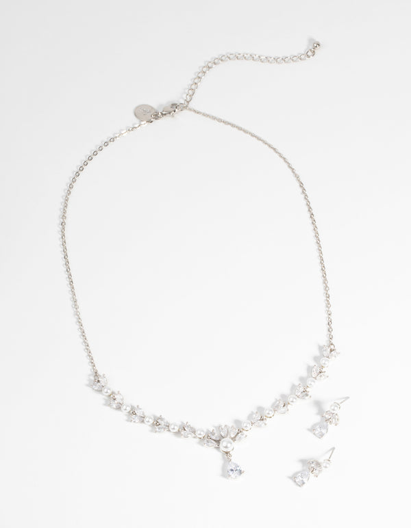 Rhodium Diamond Simulant Teardrop Necklace & Earrings