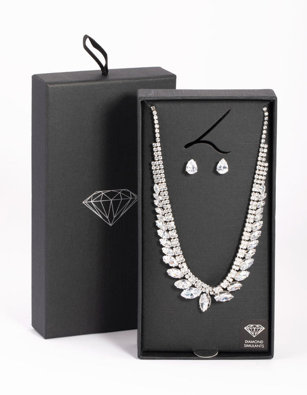 Silver Diamond Simulant Marquise Necklace & Earrings Set