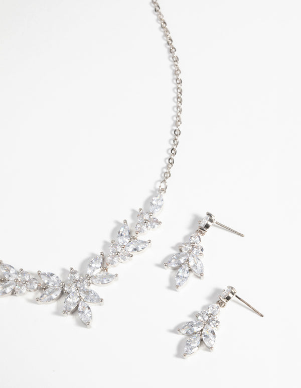 Silver Diamond Simulant Navette Necklace & Earrings Set