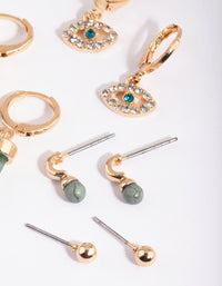 Gold Evil Eye Stack Pack Earrings with Green Fluorite - link has visual effect only