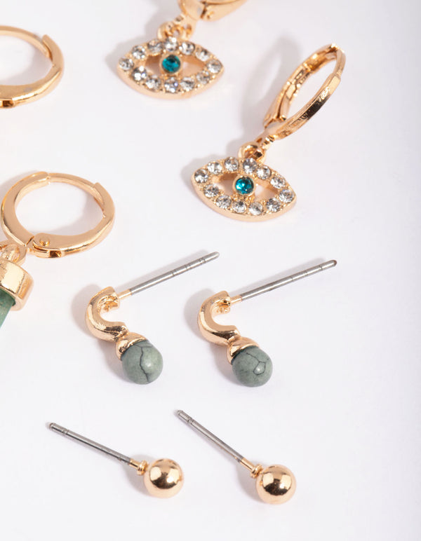 Gold Evil Eye Stack Pack Earrings with Green Fluorite