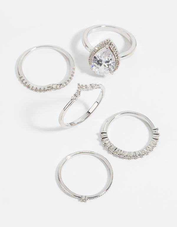 Silver Cubic Zirconia Statement Ring 5-Pack