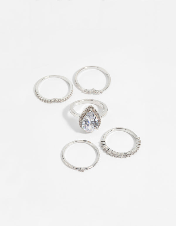 Silver Cubic Zirconia Statement Ring 5-Pack