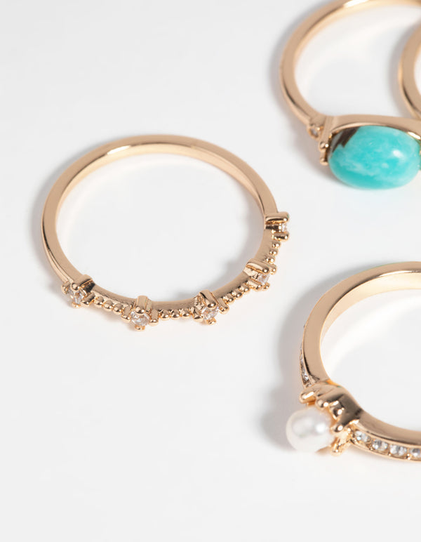 Gold Pearl & Semi-Precious Ring 4-Pack