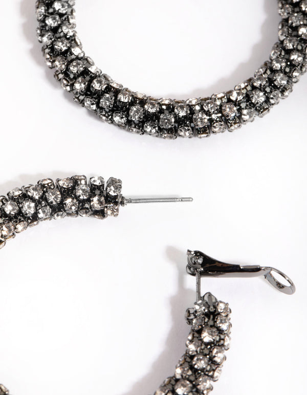 Gunmetal Diamante Hoop Earrings