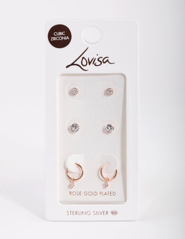 Rose Gold Plated Sterling Silver Cubic Zirconia Stud & Hoop Earring Pack