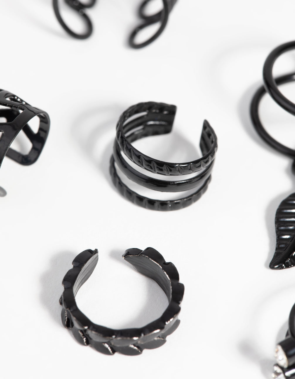 Matte Black Textured Leaf Ear Cuff Earring 6-Pack