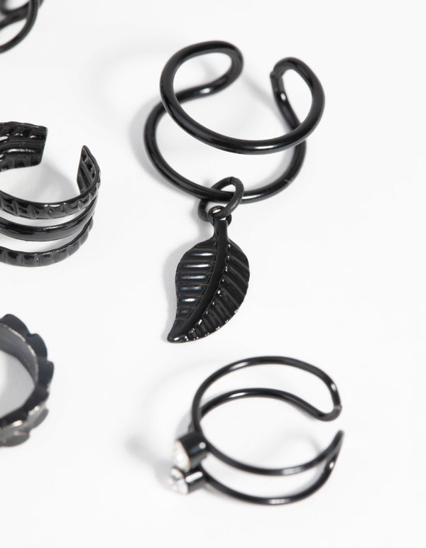 Matte Black Textured Leaf Ear Cuff Earring 6-Pack