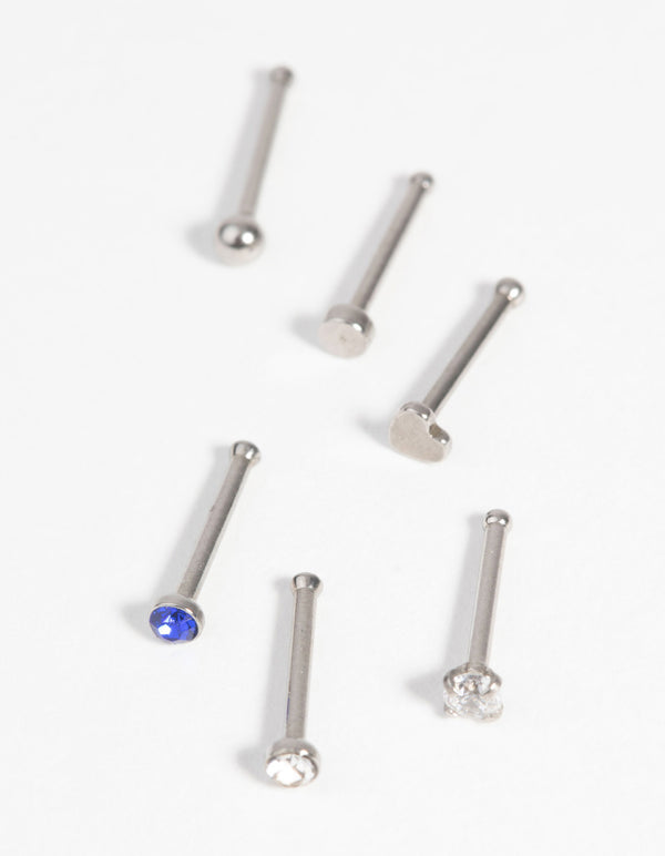 Surgical Steel Heart Nose Stud with Diamante 6-Pack