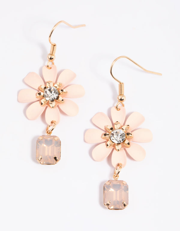 Pink Daisy & Square Stone Drop Earrings