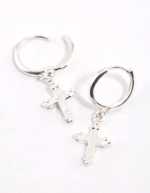 Sterling Silver Cross Huggie Hoop Earrings