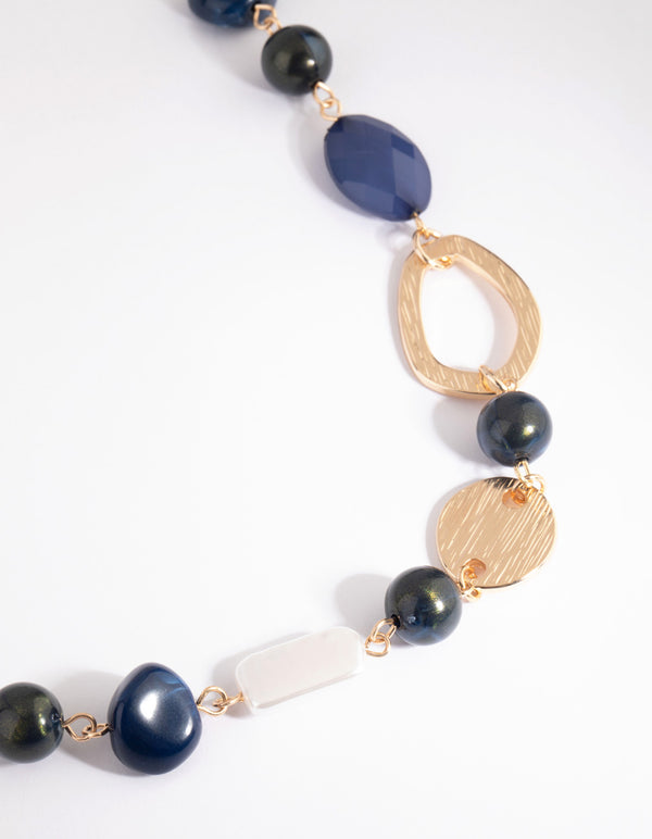 Gold & Blue Pearl & Bead Long Necklace