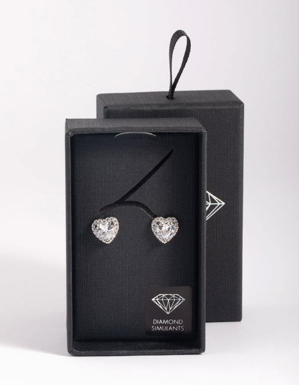 Silver Diamante Heart Stud Earrings