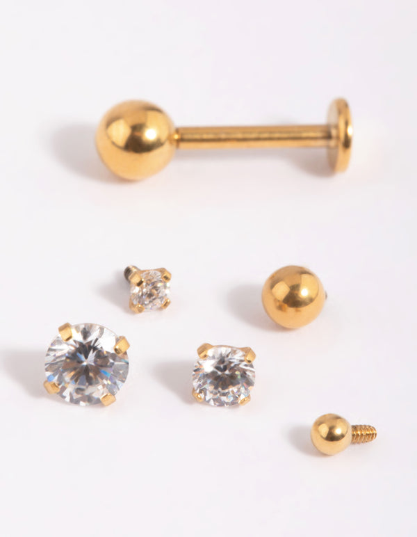 Gold Plated Surgical Steel Cubic Zirconia Flat Back 6-Pack
