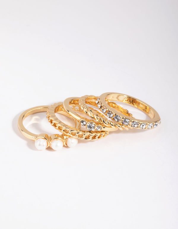 Gold Plated Diamante & Freshwater Pearl Ring 5-Pack