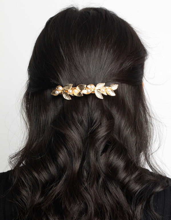 Gold Leaf & Pearl Barette Clip