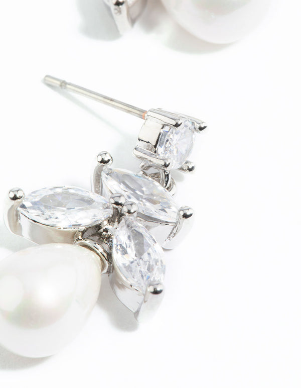 Silver Cubic Zirconia Leaf & Pearl Drop Earrings